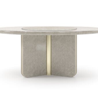 Distinguished Turri Madison table with a glossy lacquered wood tabletop and speckled light gray pattern, built with a leather-embellished base and gold metal detail