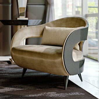 Superior Turri Miller lounge chair with muted gold textile and dark finished conical wooden legs