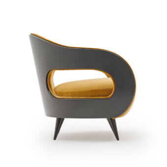Distinguished Turri Miller lounge chair with wooden back wrapping and velvety textile upholstery in dark gray with warm yellow interior