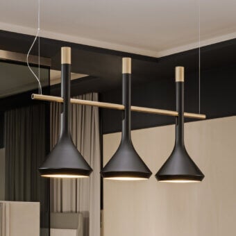 Distinguished Turri Tubular Bells suspension lamp with three black metal shades and a golden horizontal bar
