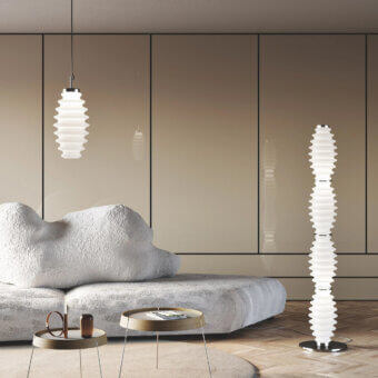 Superior Italamp Grand Collier floor lamp with blown white glass diffuser and refined iron grey metal structure