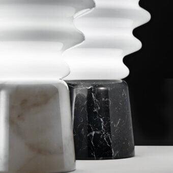 Exclusive Italamp Grand Collier table lamp with white blown glass diffuser and iron grey metal structure built with a glossy marble base