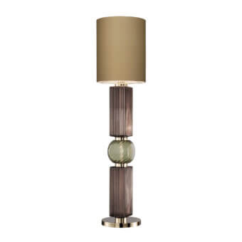 Italamp Matilda floor lamp, olive green fabric shade, segmented smoky brown glass base with gold accents and brushed gold metal foot.