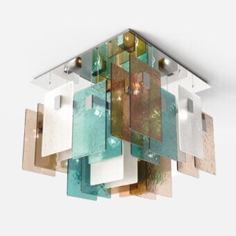 Distinguished Italamp Mura ceiling lamp with rectangular chrome base and suspended square cast glass plates in clear, amber, teal hues