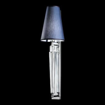 Superior Italamp Spillo wall lamp with hand-carved transparent crystal and chrome-finished metal structure, crowned with a blue textile lampshade
