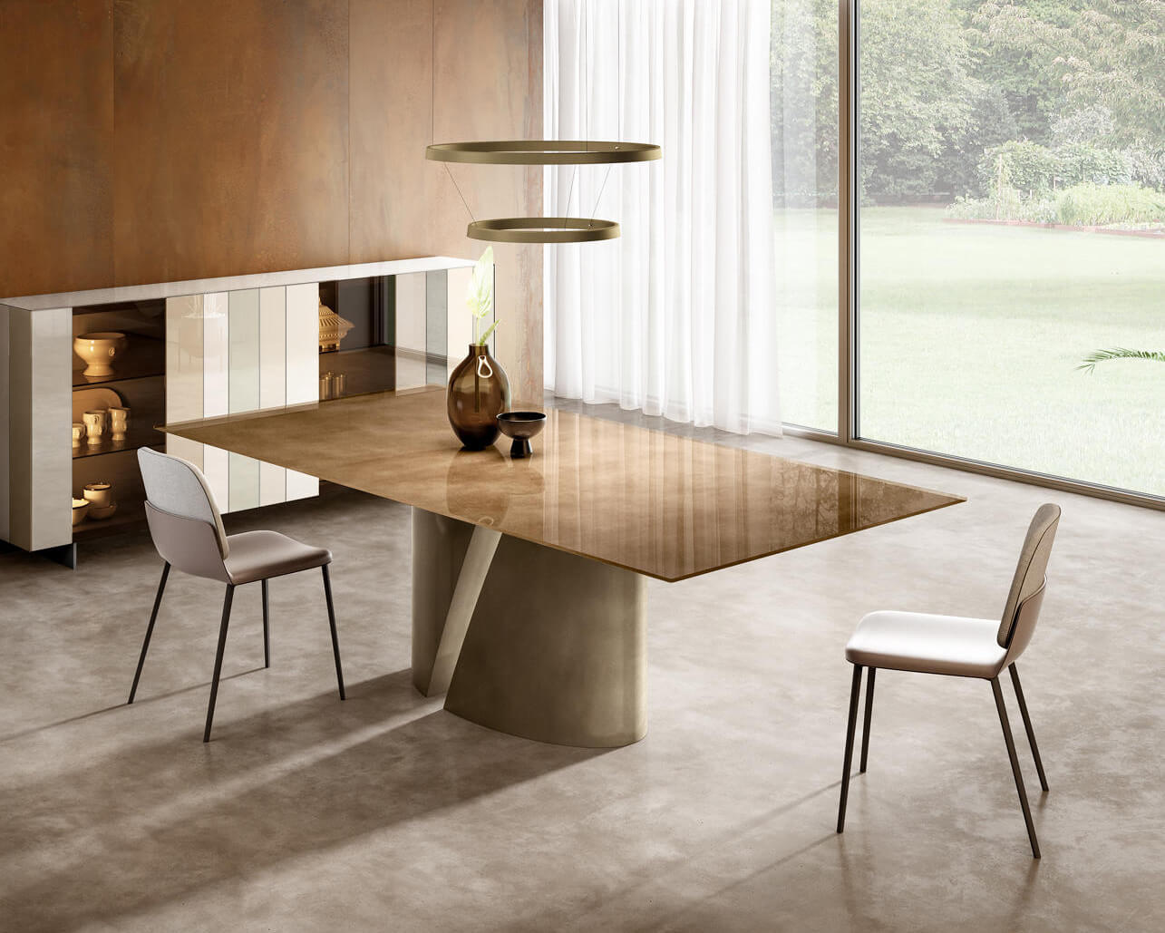 Lago wadi table with wood veneer top and beige sculpted base, paired with metal dining chairs in a minimalist modern interior.