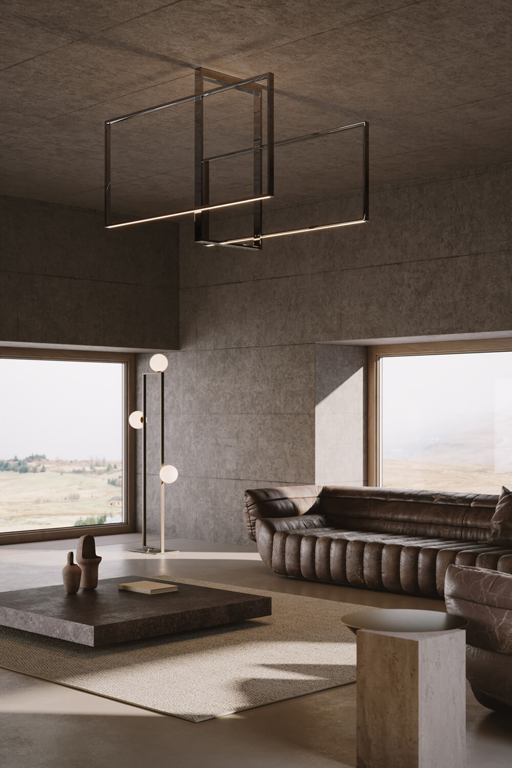 Mondrian LED ceiling lamp with rectangular geometric frame, concrete ceiling, gray stone walls, brown leather sofa, wood coffee table.
