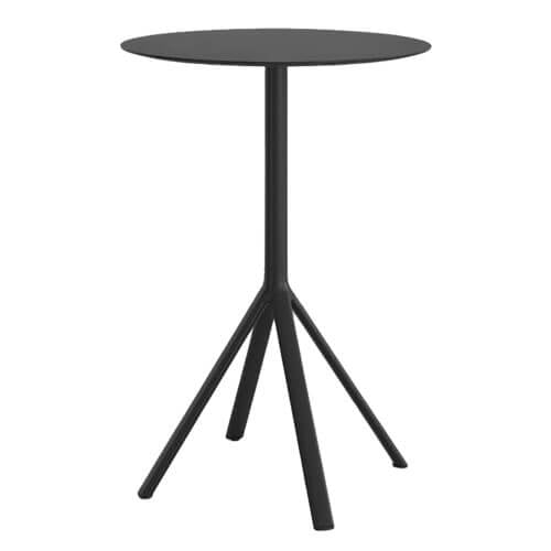 Bar table, matte black finish, round tabletop with flared tripod legs, minimalist modern design, studio product shot, white background.