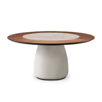 Cattelan Italia Botero Ker wood round table, dark brown wood veneer edge, light grey marble-look inset, concrete-textured pedestal base.