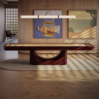 Distinguished Vismara Flume shuffleboard table crafted in Italy with a printed lacquered surface and suede surroundings in a glossy reddish-brown finish