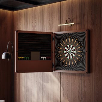 Exceptional Vismara Nido dartboard cabinet with wood construction and smooth satin finish conceals a sisal dartboard and storage