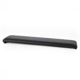 Black leather bench with rectangular shape and matte finish, studio shot, featuring a minimalist design and dark trim detailing.
