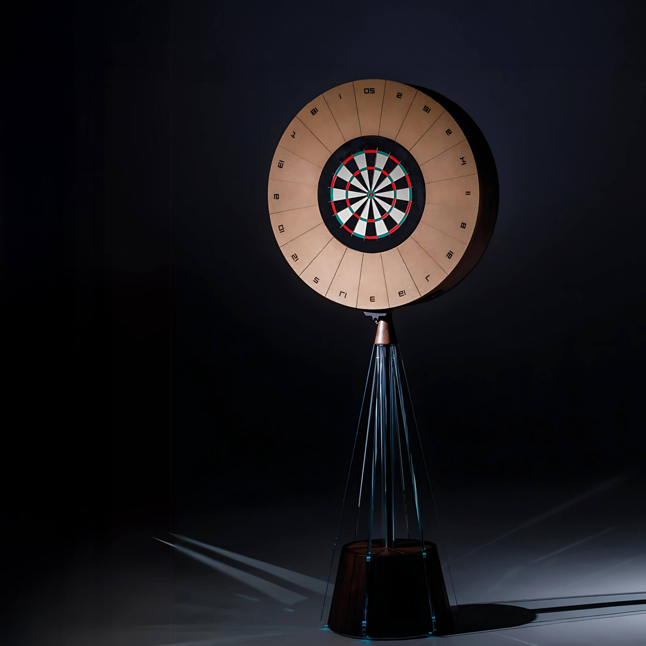 Dartboard with walnut wood, copper, and wire stand against a black to gray gradient; features numbered segments and a red bullseye.