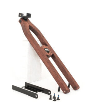 Rifle bipod with dark brown wood stock, black metal hardware, and gold adjustment, shown with mounting rail and screws on white background.