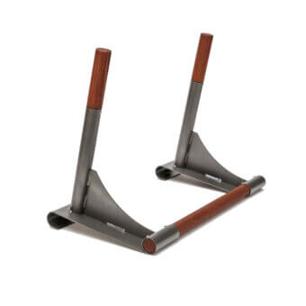 Dip bars, gray metal frame, reddish-brown wood caps, angled supports, minimalist design, studio shot, matte finish, polished wood.