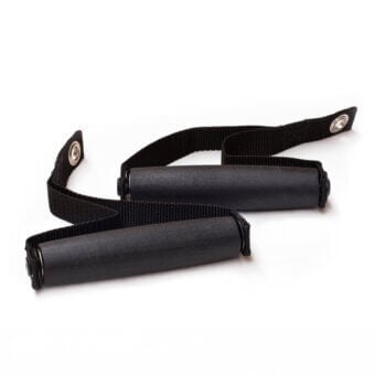 Exercise handles with black nylon straps and dark gray cylindrical grips, featuring silver metal grommets, against a white backdrop.