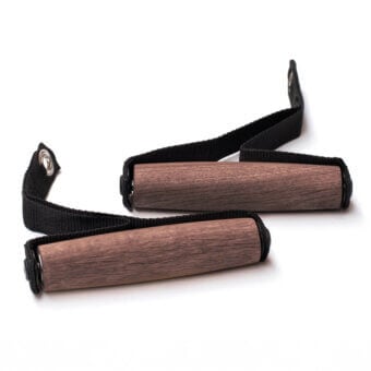 Vintage exercise handles with brown wood cores, black padded grips, and a durable black nylon strap secured by silver metal eyelets.