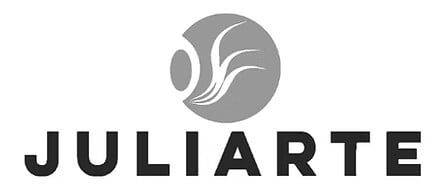JULIARTE logo, gray circular graphic with stylized foliage and eye shape, above bold sans-serif brand name in dark gray.