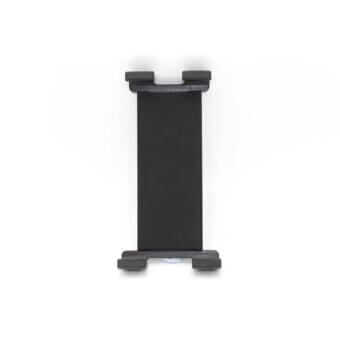 Black tablet holder with textured dark gray surface and curved black grips, minimalist design, matte finish, rigid plastic material.