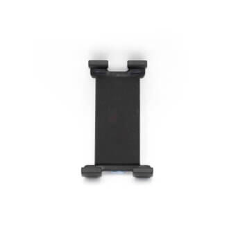 Black tablet holder with rectangular textured surface, angled supports, and blue suction cup base on white background.