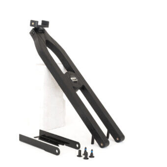 Camera stand with dark wood A-frame, black metal head, and adjustable knob, shown with brackets and screws on white background.