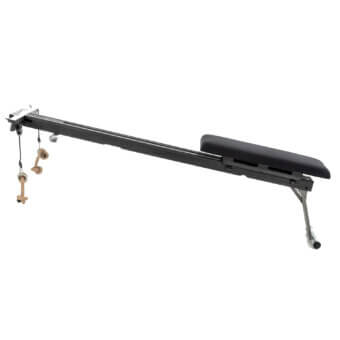 Rowing machine, black metal frame, adjustable seat and footrest with tan rope handles, silver lever, studio shot.