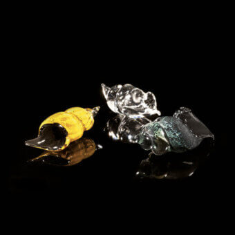Glass nautilus crab sculptures by Duccio Di Segna—yellow, transparent swirl, and mottled green—displayed on a black reflective surface.