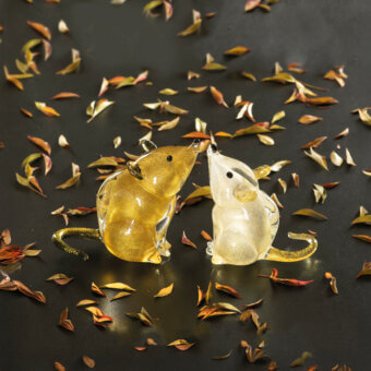 Glass mouse sculptures by Duccio Di Segna, amber and clear glass, rounded forms with curved tails on a dark gray leaf-scattered surface.