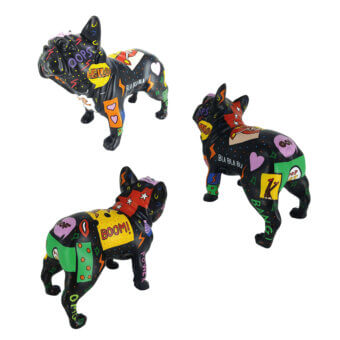 French bulldog sculptures, black resin, covered in colorful graffiti-style artwork with text and star motifs, studio product shot.