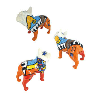 Juliarte french bulldog sculptures, resin, Picasso-style piano finish, geometric patchwork of orange, blue, yellow, black, musical notes.