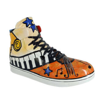 Exclusive Juliarte Sneaker Picasso Piano sculpture hand-painted with vibrant cubist design in stone powder and fiberglass with glossy finish
