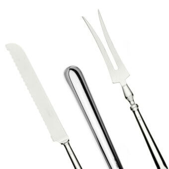 Schiavon moderno bread carving cutlery set, stainless steel, includes knife with serrated blade, fork, and spoon with curved handles.