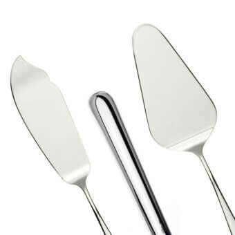 Stainless steel dessert serving set, including cake and pie servers, with polished reflective finish and curved ergonomic handles.