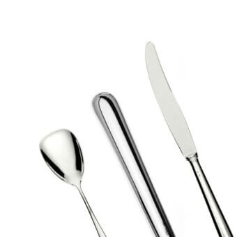 Stainless steel Schiavon moderno cutlery set featuring a spoon, knife, and fork with polished, reflective handles and minimalist designs.