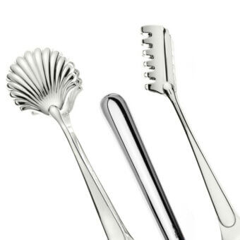 Schiavon moderno serving cutlery set, silver-colored metal, includes spoon, tongs, and fork with curved handles and polished finish.