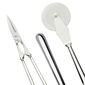 Schiavon moderno serving cutlery set, stainless steel, includes pizza cutter, fish shears, serving spoon with polished reflective finish.