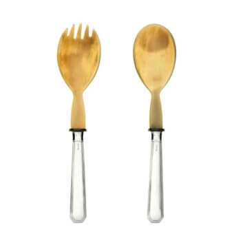 Superior Schiavon Ottogonale salad serving cutlery with silver-plated metal handles and gracefully curved natural horn ends