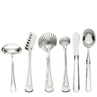 Distinguished Schiavon Ottogonale serving cutlery crafted from silver with embossed detailing and a highly polished glossy finish