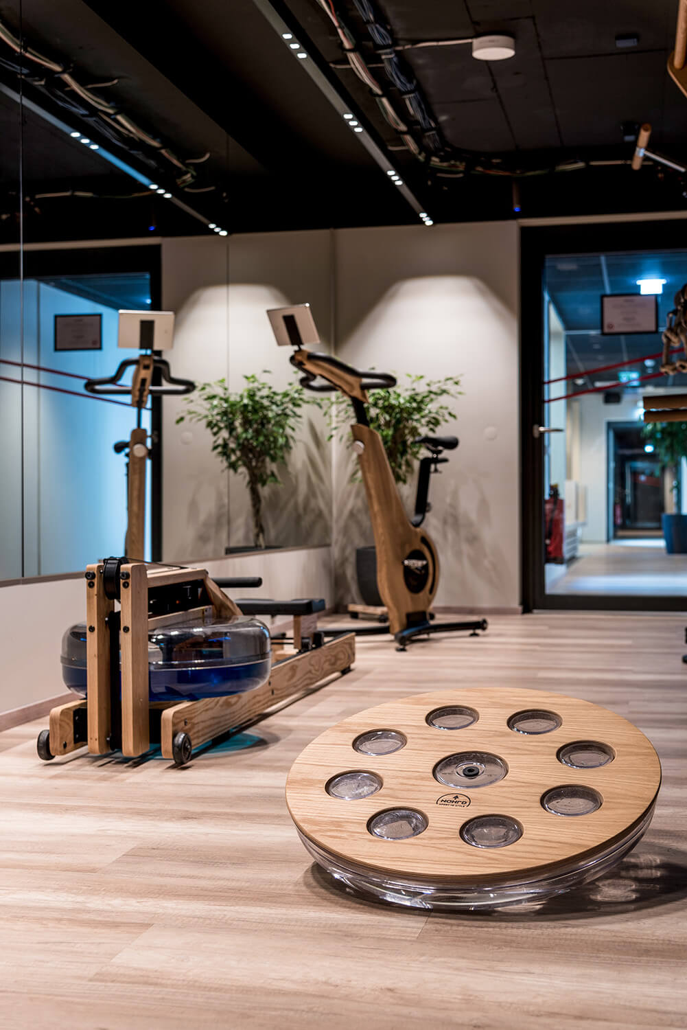Fitness studio with two Waterrower Nohrd rowing machines and a circular Nohrd balance trainer featuring a wooden top and acrylic base.