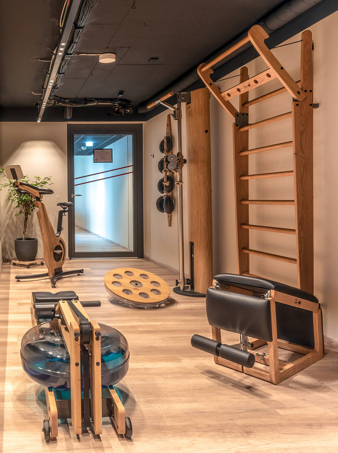 Home gym interior with Waterrower, balance trainer, Swedish ladder, and Roman chair, featuring wood flooring and equipment.