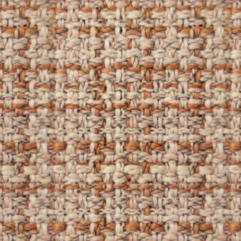Textile sample, off-white and apricot tweed, irregular woven pattern with nubby texture and dense, compact vertical-horizontal yarns.