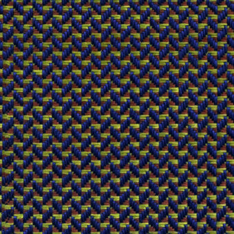 Geometric textile pattern with interlocking navy, mustard, and reddish-brown angular shapes in a dense, regularly repeating grid weave.