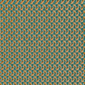 Geometric textile pattern with muted teal, ochre, and pale gray woven threads forming horizontal stripes and diagonal arrowhead shapes.