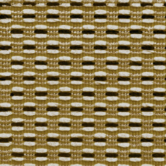 Textured fabric sample with horizontal bands of olive green and cream, featuring a dense weave and dark brown grid pattern.