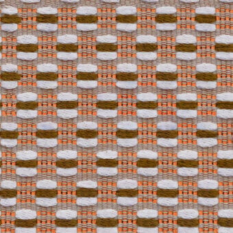 Geometric textile with vertical stripes in white, olive green, and muted orange-brown; dense flat weave with rounded rectangular pattern.