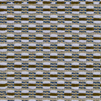 Geometric textile pattern with repeating white, olive green, and royal blue bands in a basketweave structure, displaying a flat, uniform texture.