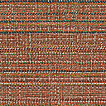 Horizontal striped textile with teal, terracotta, white, and olive green hues; dense, nubby weave with earthy tones and diffused lighting.