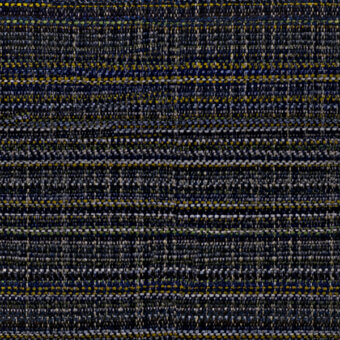 Horizontal striped fabric swatch with navy, gray, and mustard yellow threads; dense weave with nubby texture and muted industrial palette.