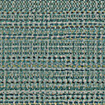 Textile sample “1159 lagoon” features horizontal stripes in muted teal, gray, olive, and yellow with a complex woven texture.