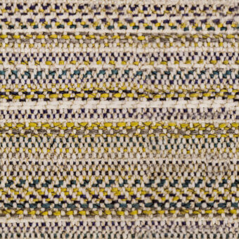 Horizontal striped fabric swatch, off-white and teal, with yellow and dark gray bands, dense knit texture, irregular pattern, studio lighting.
